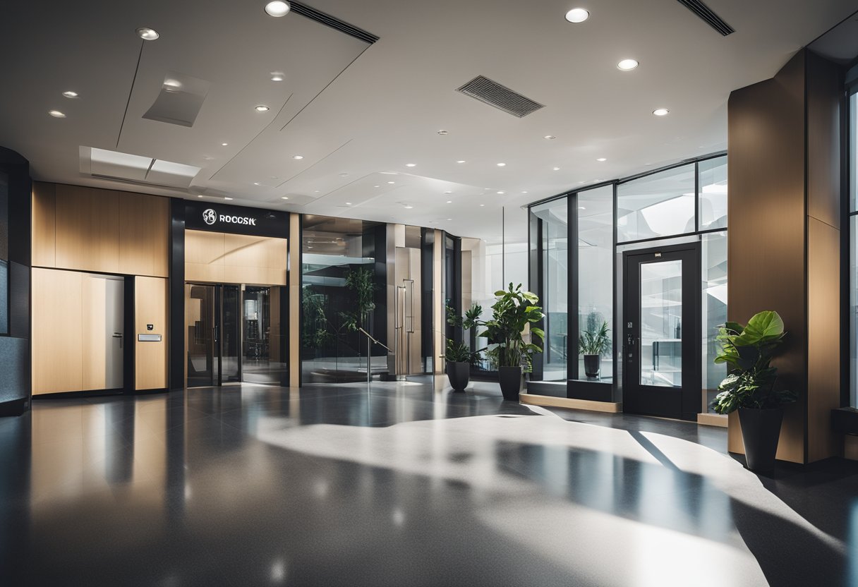 A sleek, modern entrance with bold branding, a welcoming reception area, and impactful lighting
