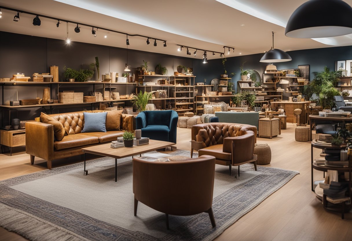 The shop is filled with a variety of second-hand furniture, from vintage armchairs to modern coffee tables. The space is well-organised, with neatly arranged items and a warm, inviting atmosphere