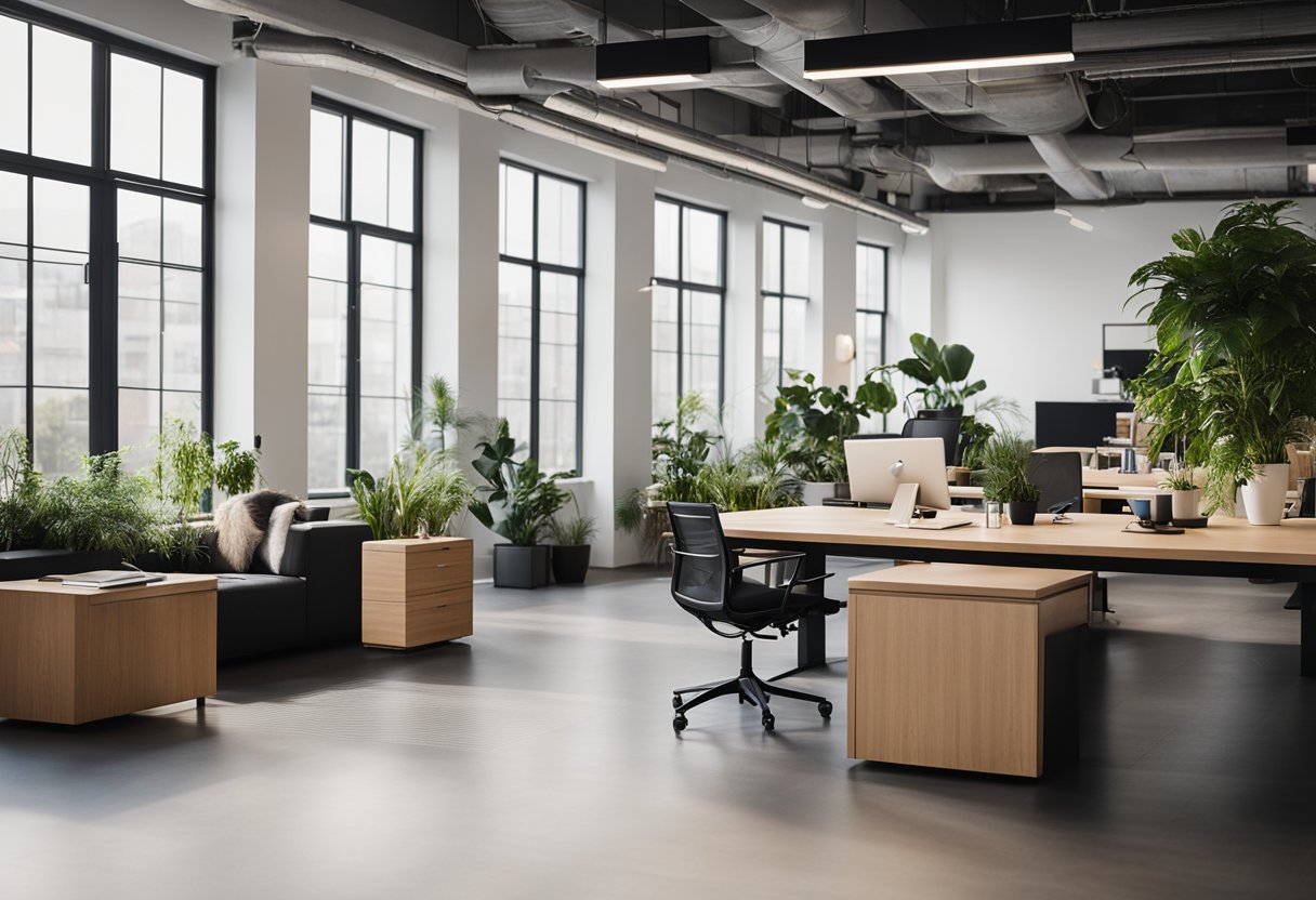 Open floor plan, modern furniture, natural light, plants, and minimal clutter in a spacious office setting