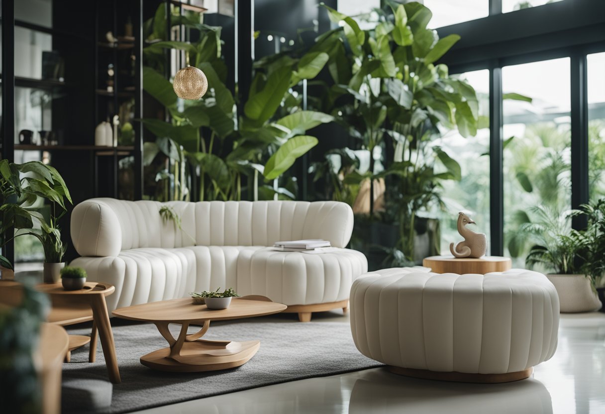 A seahorse-shaped furniture set in a modern Singaporean living room, surrounded by plants and natural light