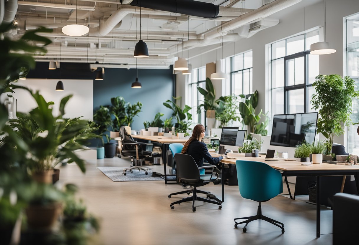 Open concept office with modern furniture, vibrant colors, and natural light. Collaborative workspaces, cozy lounges, and plant-filled areas. Dynamic and innovative atmosphere