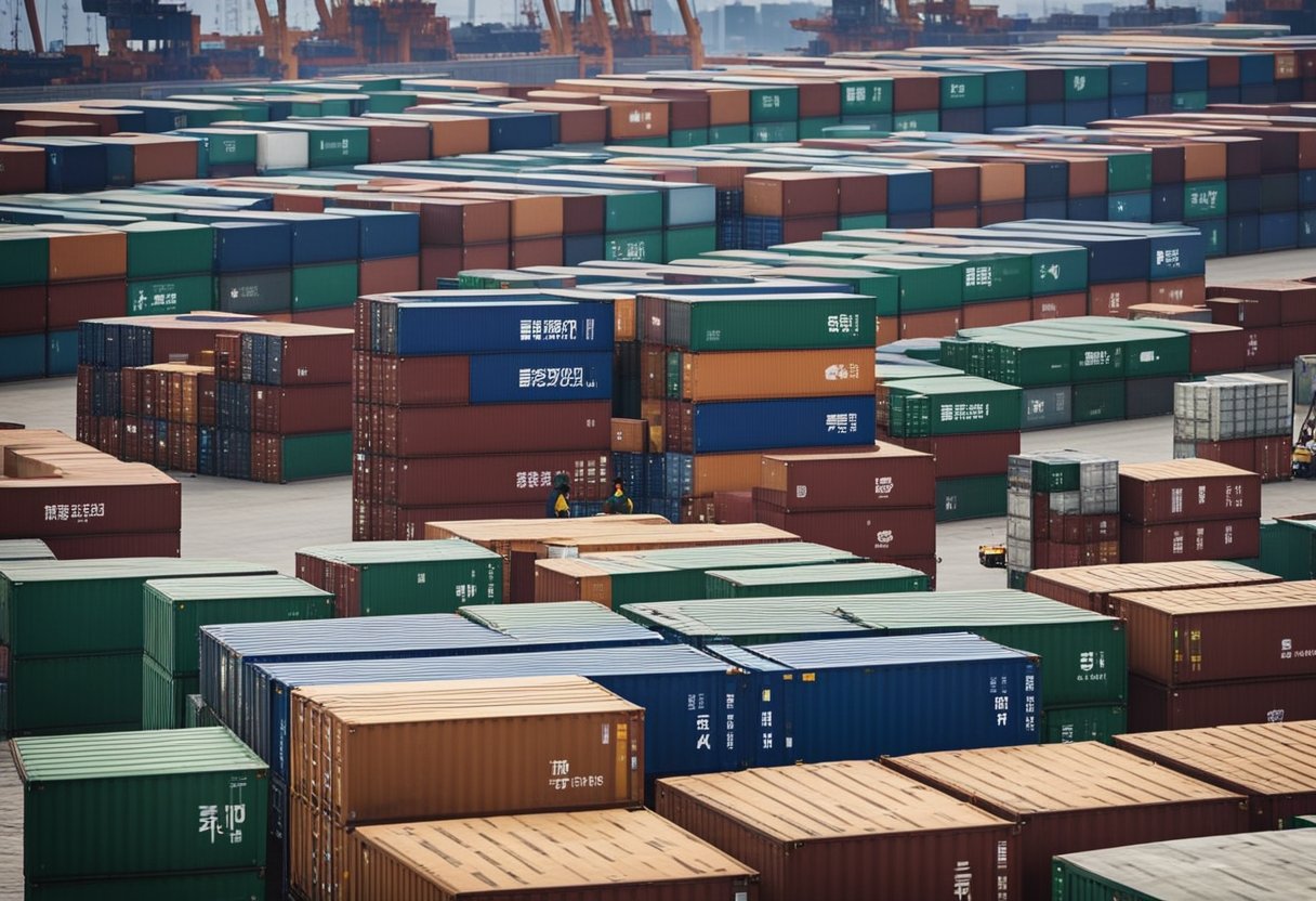 Furniture crates being loaded onto a cargo ship in a bustling Chinese port, destined for Singapore