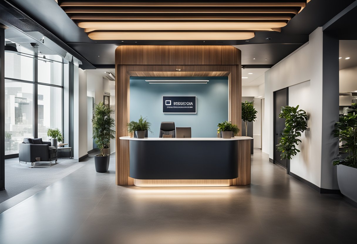 A modern small office entrance with clean lines, a welcoming reception desk, and a prominent display of frequently asked questions