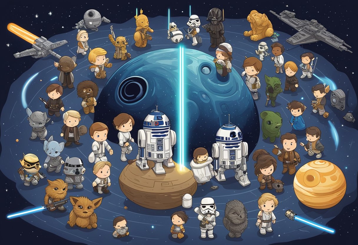 A group of Star Wars-themed baby names swirling in a galaxy, surrounded by iconic characters and symbols