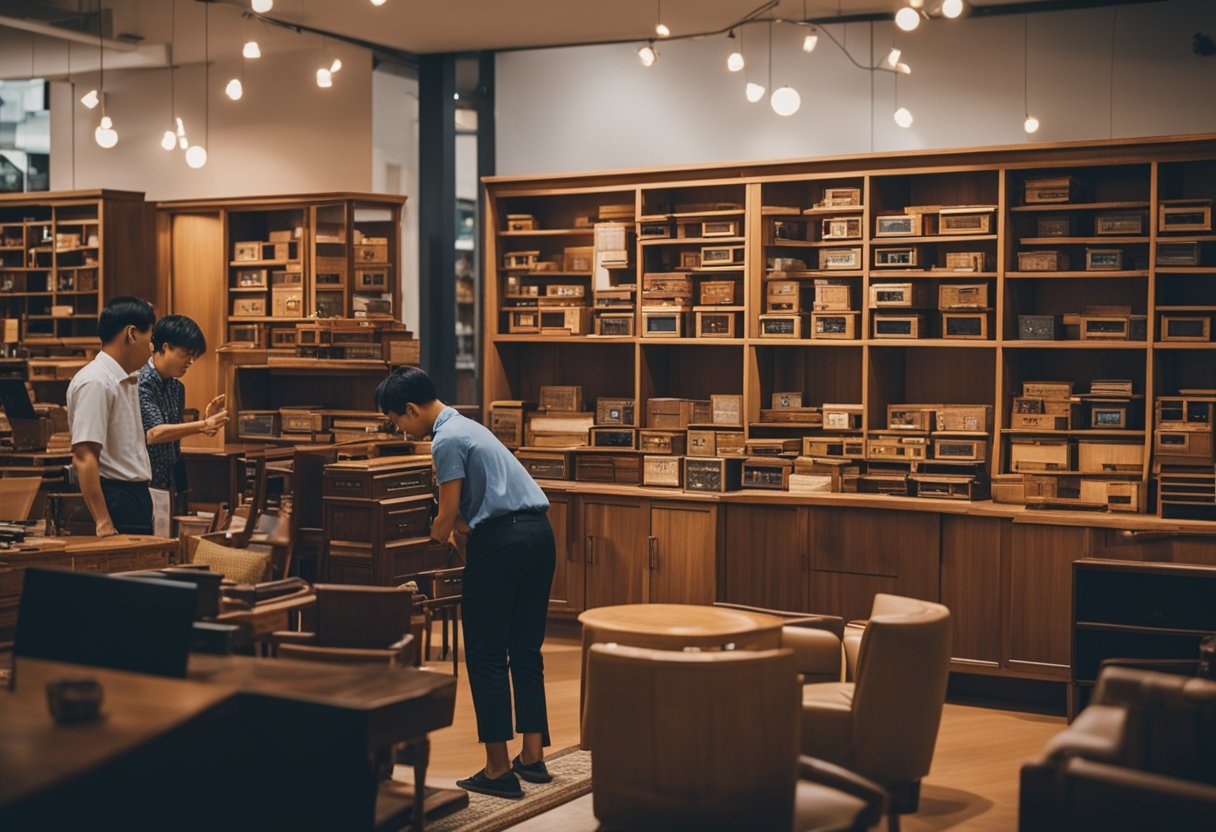 Customers browsing through neatly arranged second-hand furniture in a cozy shop in Singapore