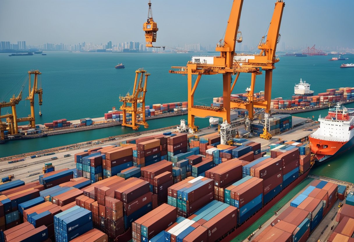 A cargo ship loaded with furniture sets sail from a port in China, destined for Singapore. Cranes carefully load the containers onto the ship, while workers oversee the process