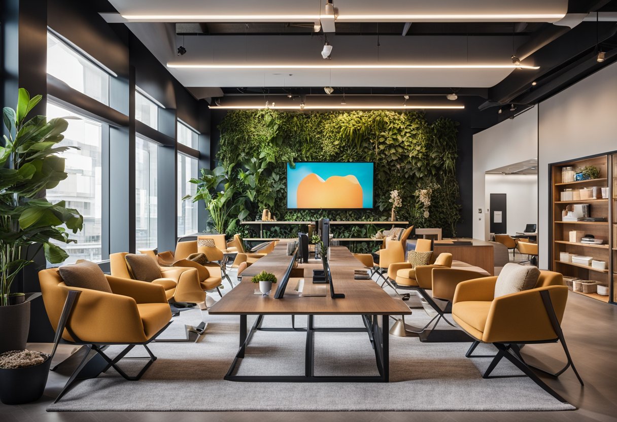 A modern, open-concept office space with sleek, global-inspired decor and pops of local flair in the form of vibrant artwork and cultural accents