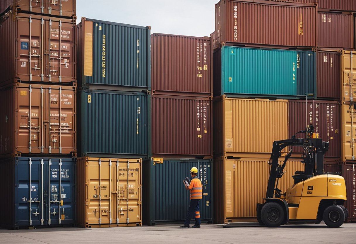A large shipping container labeled "China to Singapore" surrounded by crates and furniture, with workers loading and unloading items onto a cargo ship
