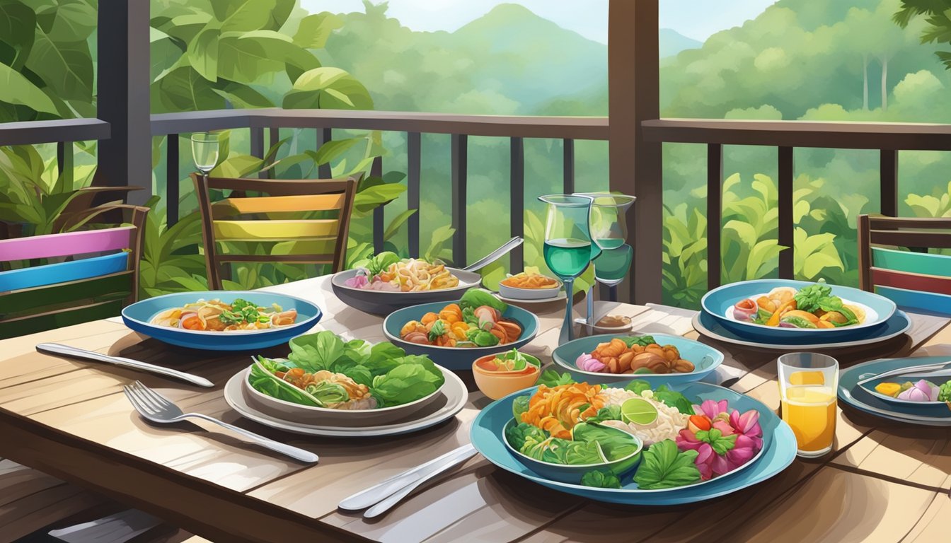 Tables set with colorful dishes and cutlery, surrounded by lush greenery and a serene atmosphere at Krua Khao Yai restaurant