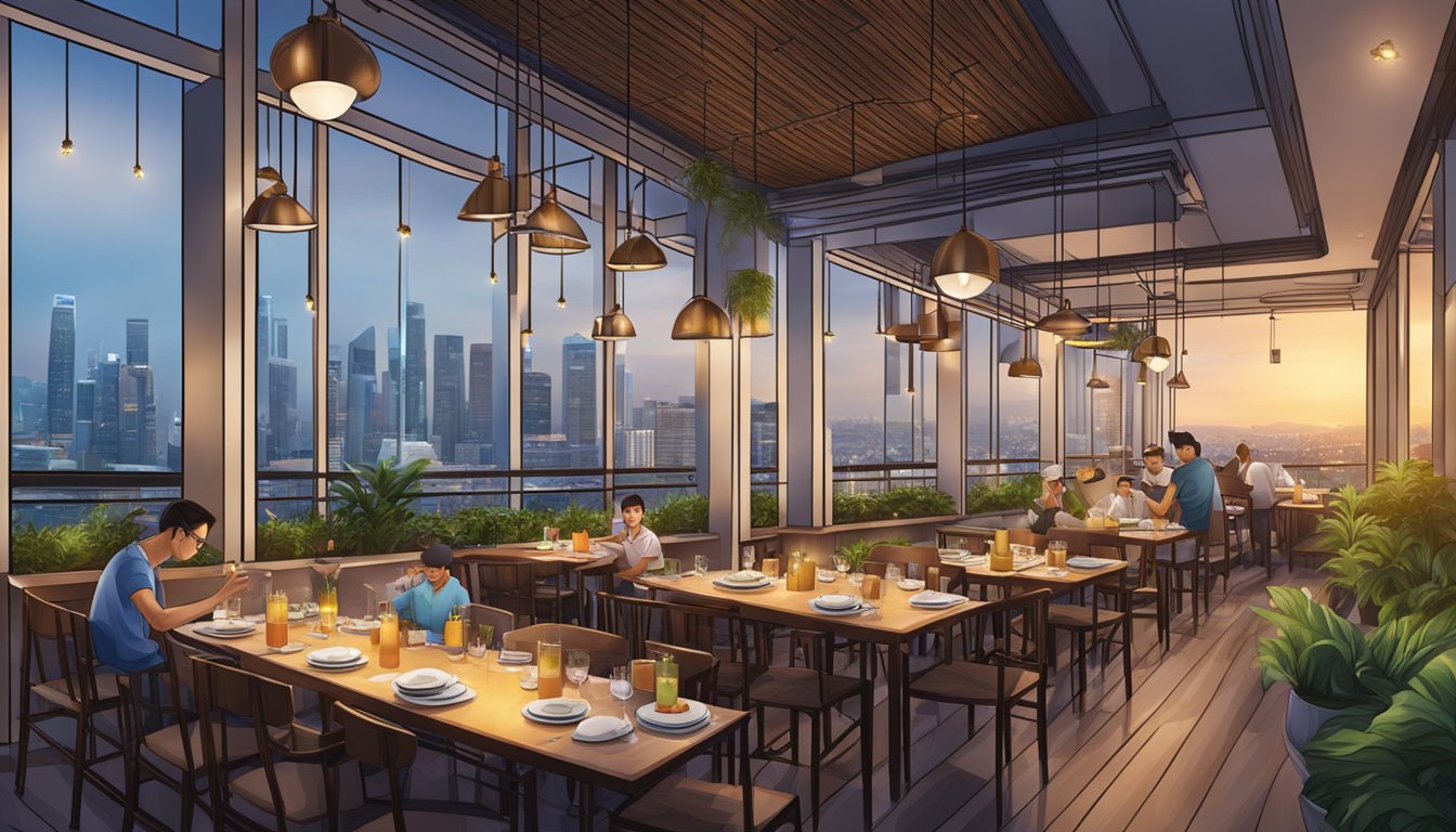 A bustling rooftop restaurant in Singapore serves halal cuisine with a panoramic city view