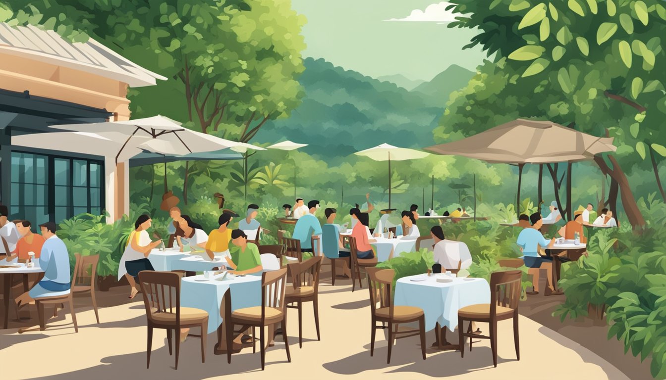 A bustling restaurant with a sign reading "Frequently Asked Questions krua khao yai" in a scenic setting surrounded by lush greenery and a serene atmosphere