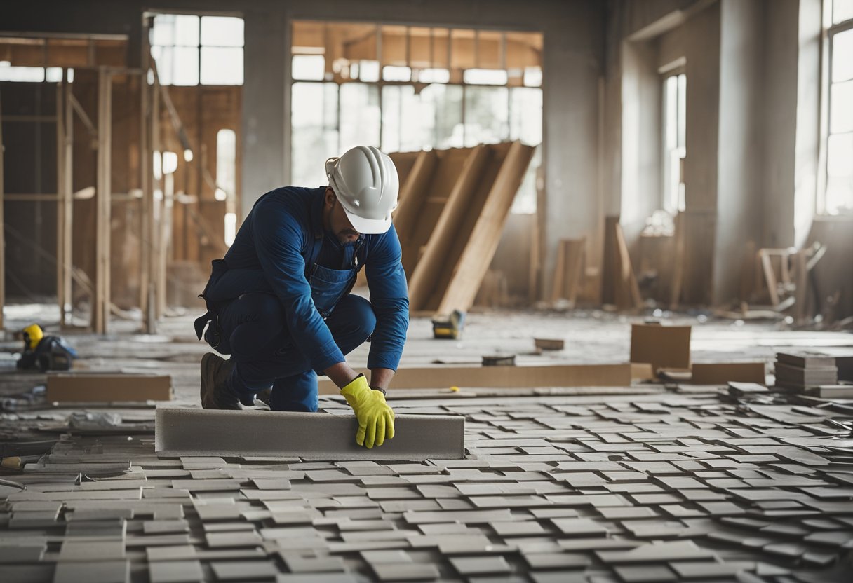 Workers swiftly lay tiles in a room under construction. Tools and materials are scattered around the area