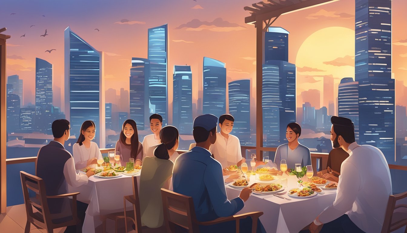 Guests enjoying halal rooftop dining with a panoramic view of Singapore's skyline. Aromatic dishes are being served as the sun sets, creating a warm and inviting atmosphere
