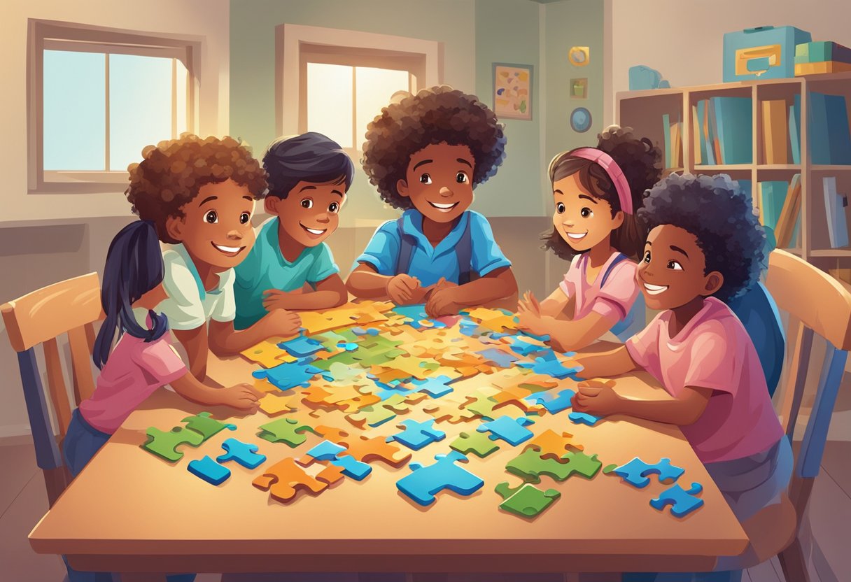 A group of children gather around a table, working together to solve a challenging puzzle or brainstorming creative solutions to a problem. Their faces are filled with determination and excitement as they collaborate and use their problem-solving skills