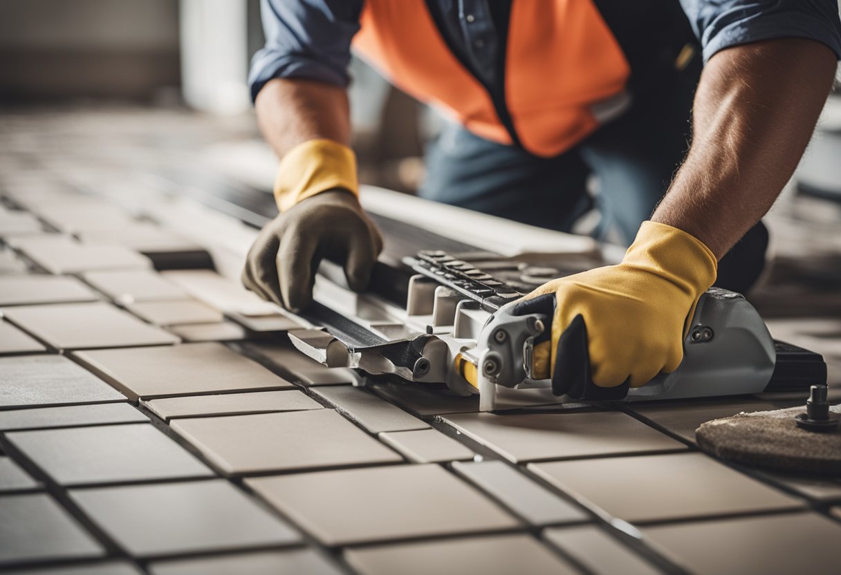 A worker lays tiles in a rapid tiling renovation, surrounded by construction tools and materials