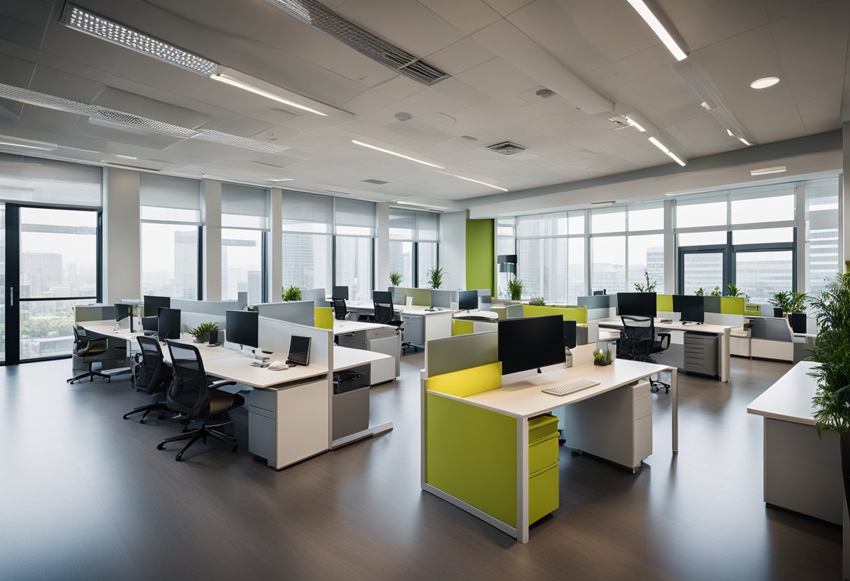 A modern office with open floor plan, collaborative workspaces, and designated areas for meetings and relaxation. Bright colors and natural light create a welcoming atmosphere