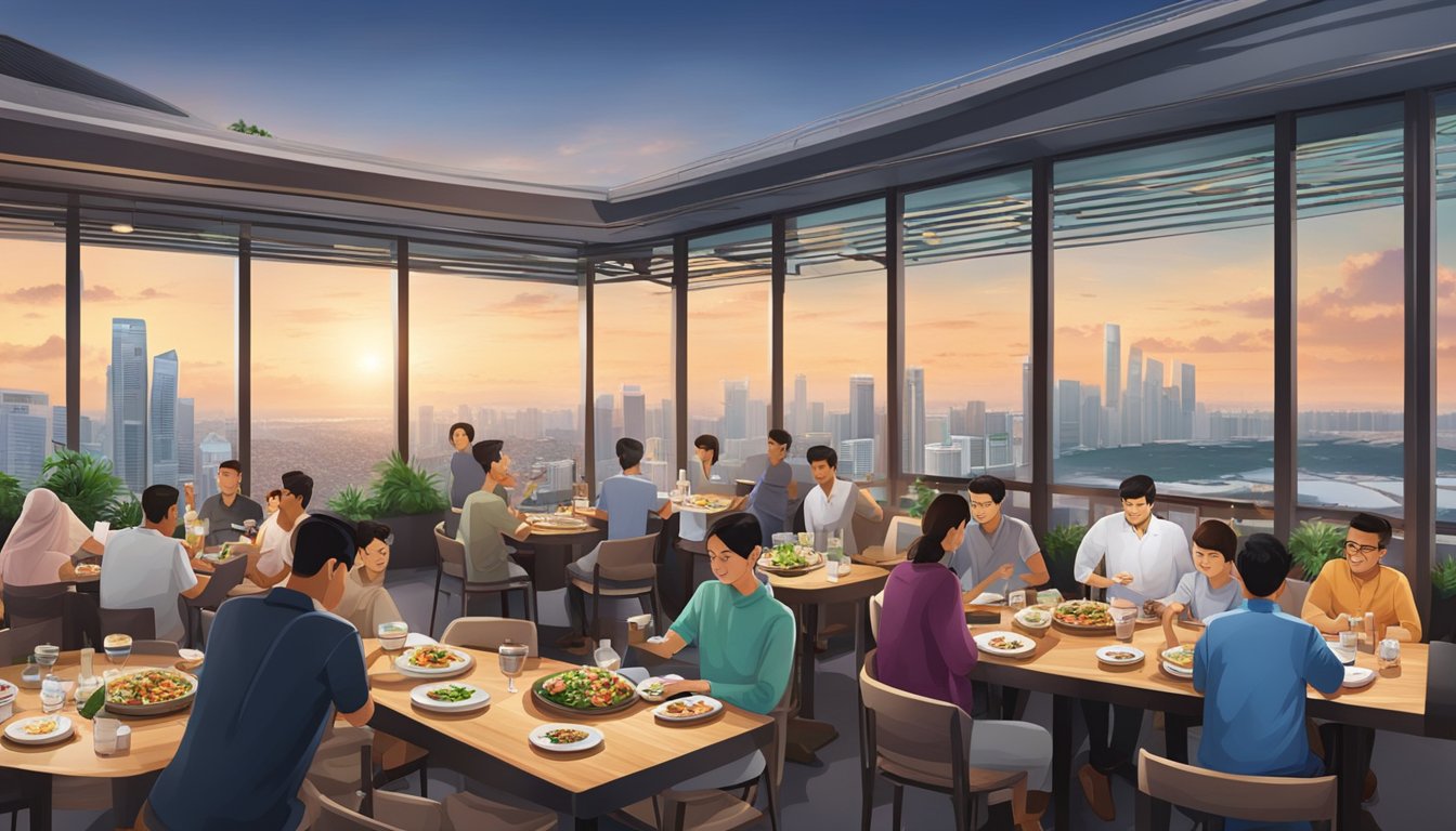 A bustling rooftop restaurant in Singapore, serving signature halal dishes with a panoramic view of the city skyline