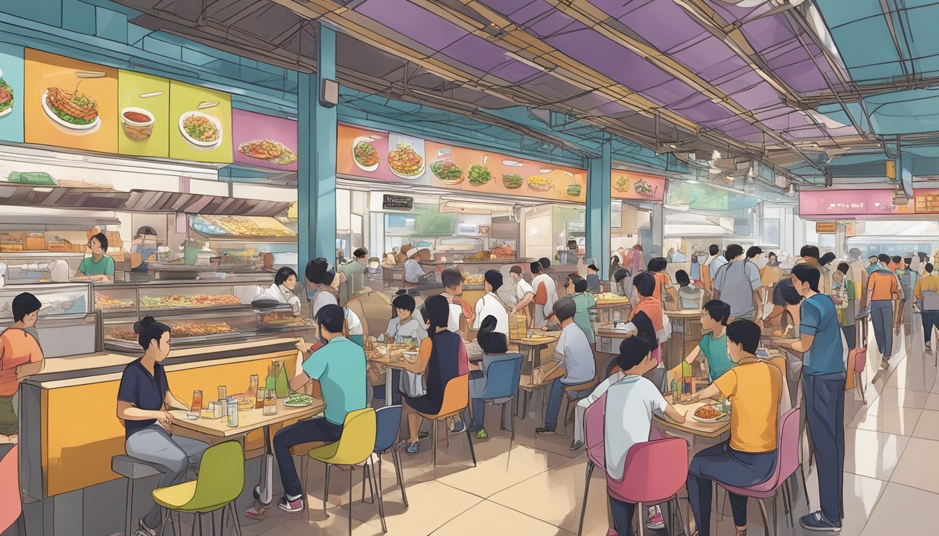 A bustling food court in Plaza Singapura, with colorful stalls and delicious aromas wafting through the air. Patrons eagerly line up at various eateries, while others enjoy their meals at communal tables