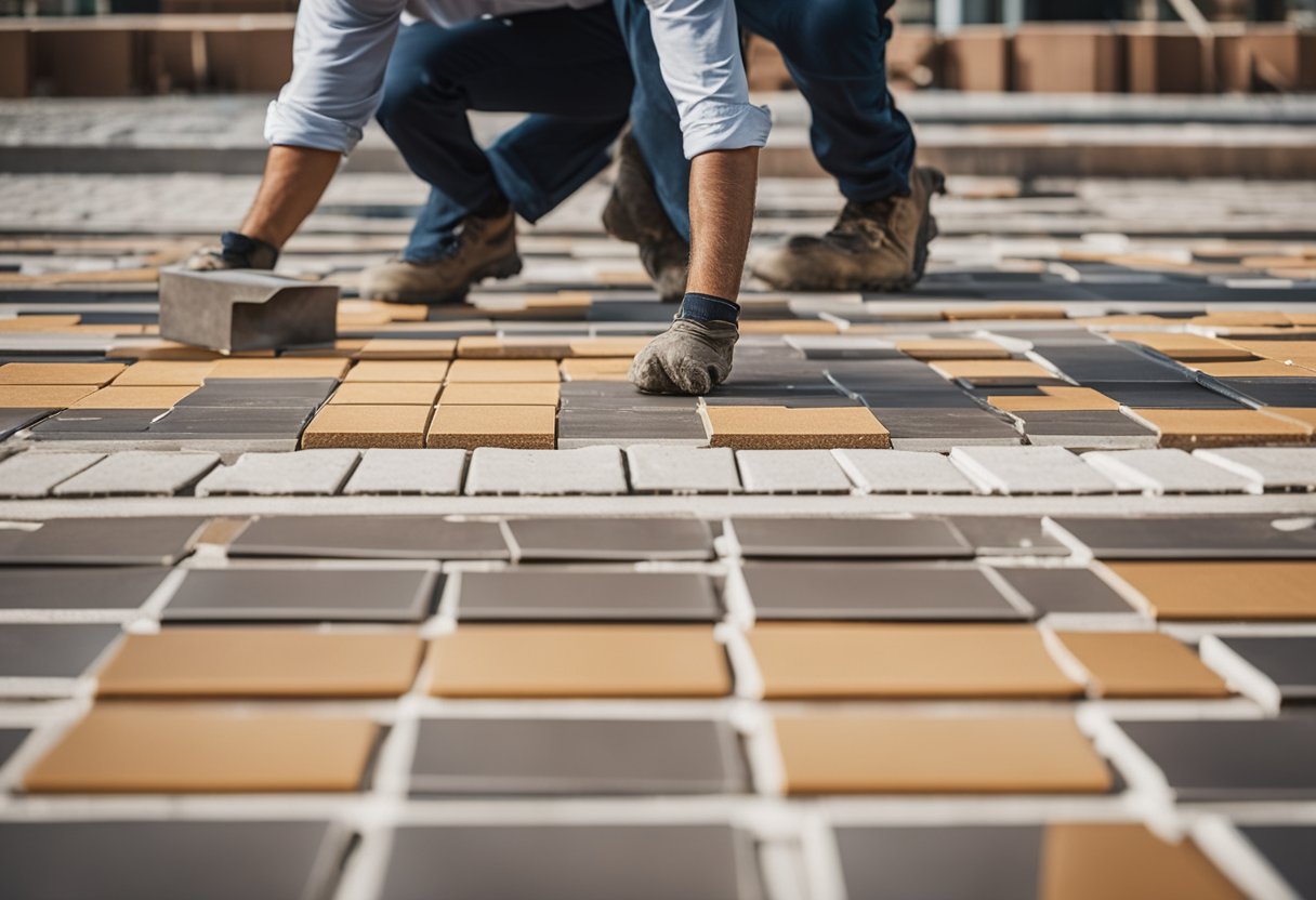 A worker swiftly lays tiles in a construction zone, answering FAQs