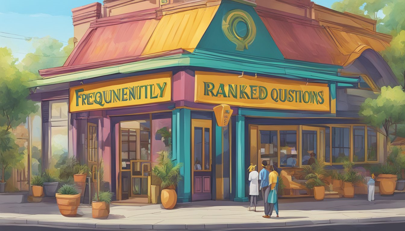 A colorful sign outside Rangooli restaurant with the words "Frequently Asked Questions" displayed prominently