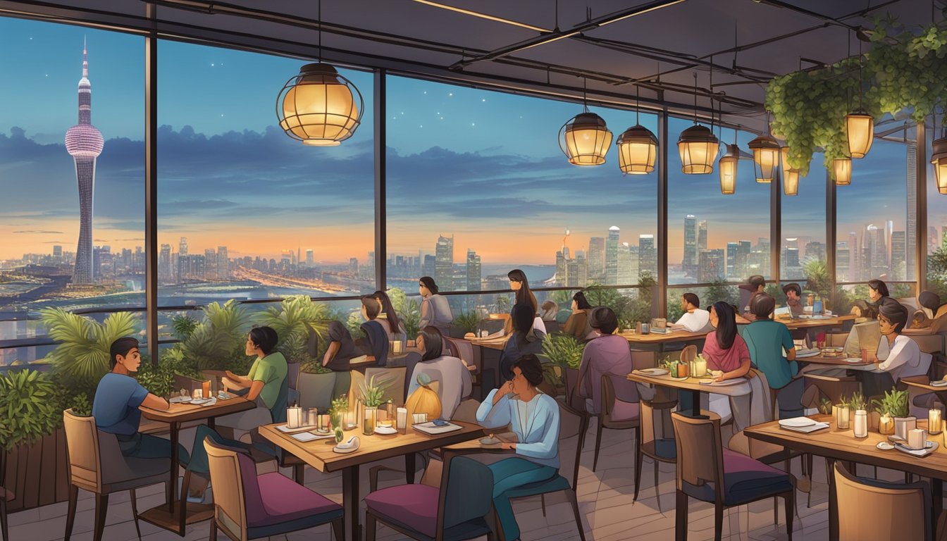 A bustling rooftop restaurant in Singapore, with a panoramic view of the city skyline. The space is filled with cozy seating areas, vibrant decor, and a sign displaying "Frequently Asked Questions halal" prominently
