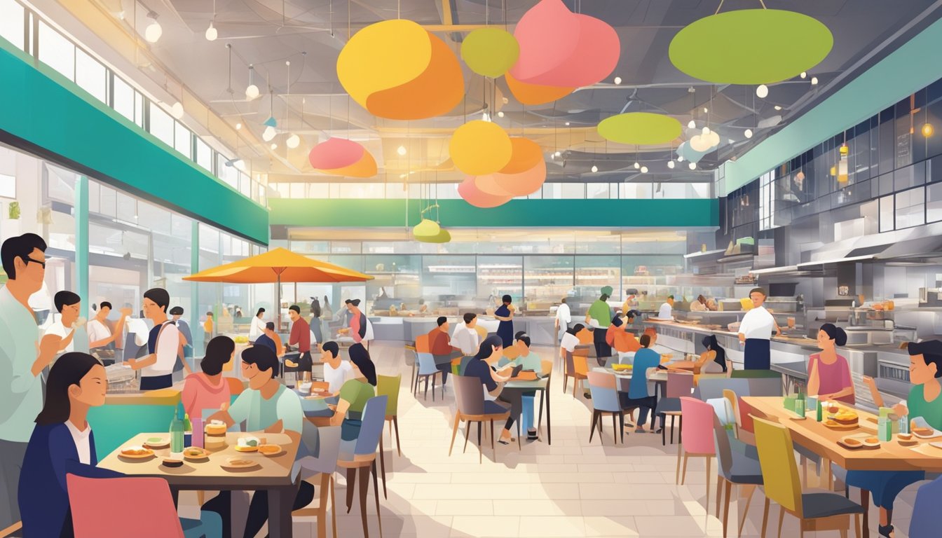 A bustling food court with diverse cuisines, diners enjoying meals, chefs cooking in open kitchens, and colorful signage at Plaza Singapura