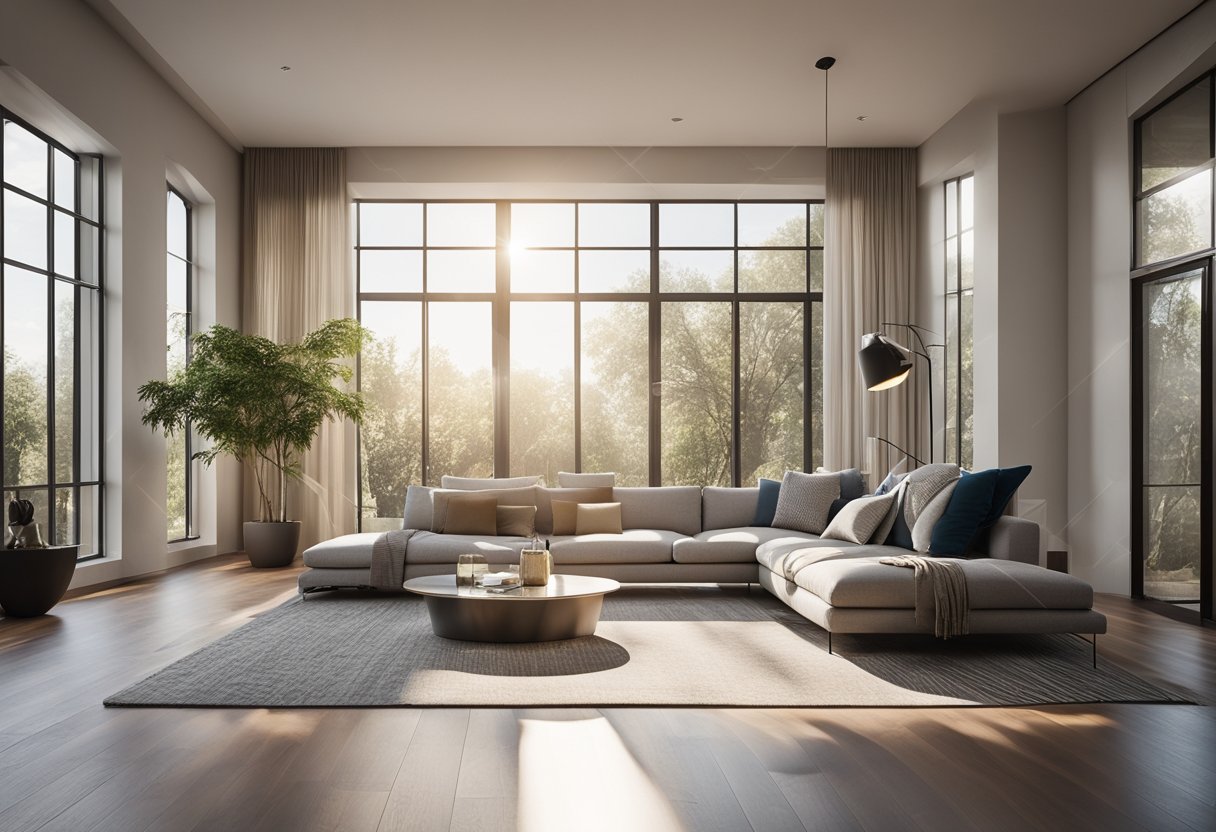 A modern living room with a sleek sofa, coffee table, and floor lamp. Bright sunlight streams in through large windows, casting long shadows on the clean, minimalist decor