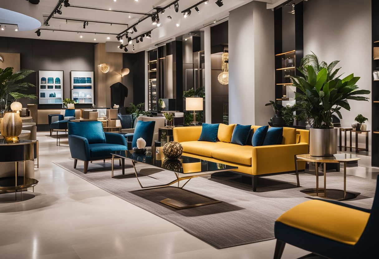 A modern showroom with sleek furniture displays in St Louis Furniture, Singapore. Bright lighting highlights the elegant designs and vibrant colors