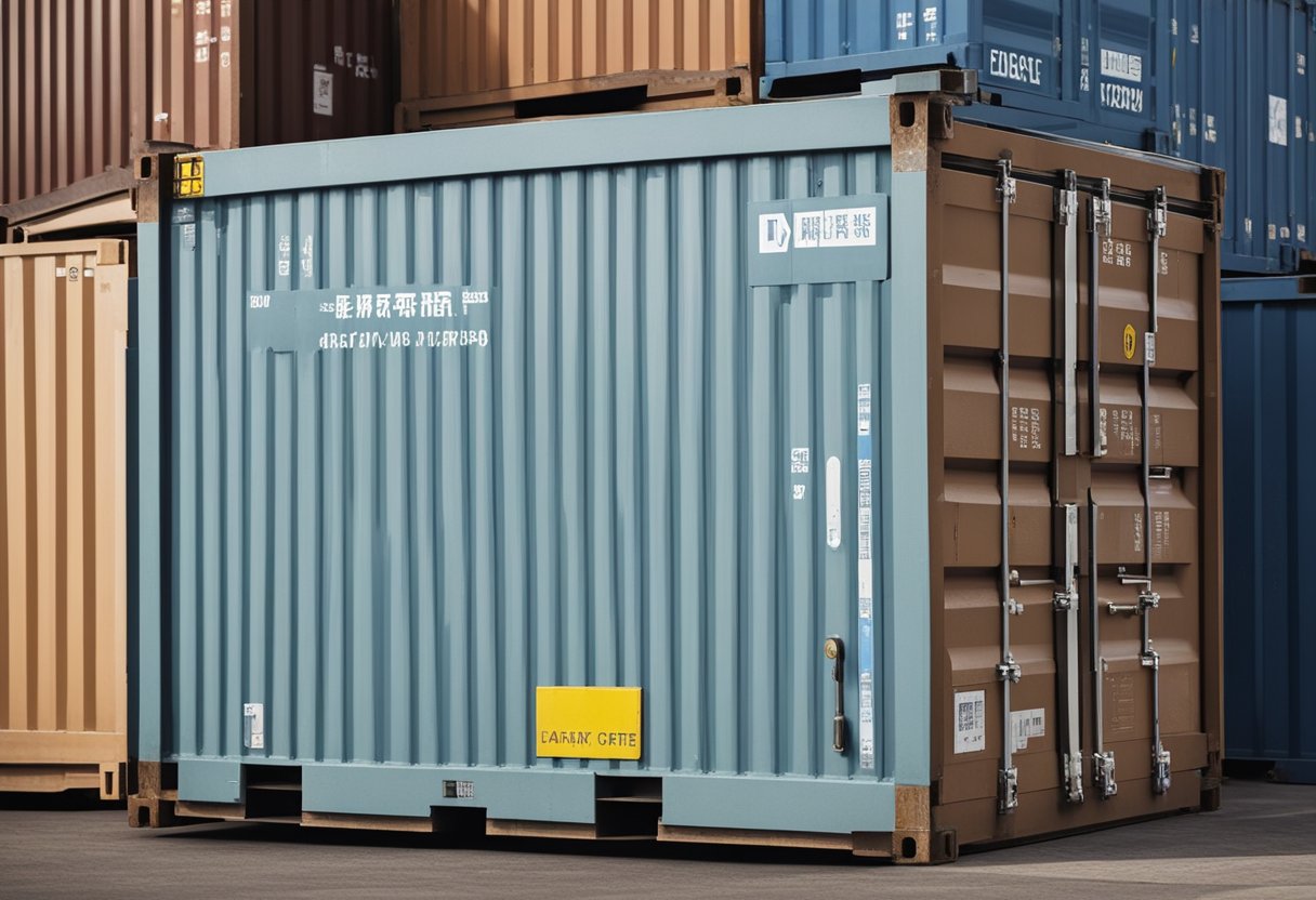 A wooden crate labeled "Furniture" sits on a dock, surrounded by customs officials and shipping containers. Regulations and paperwork are being checked before the crate is loaded onto a cargo ship bound for Singapore