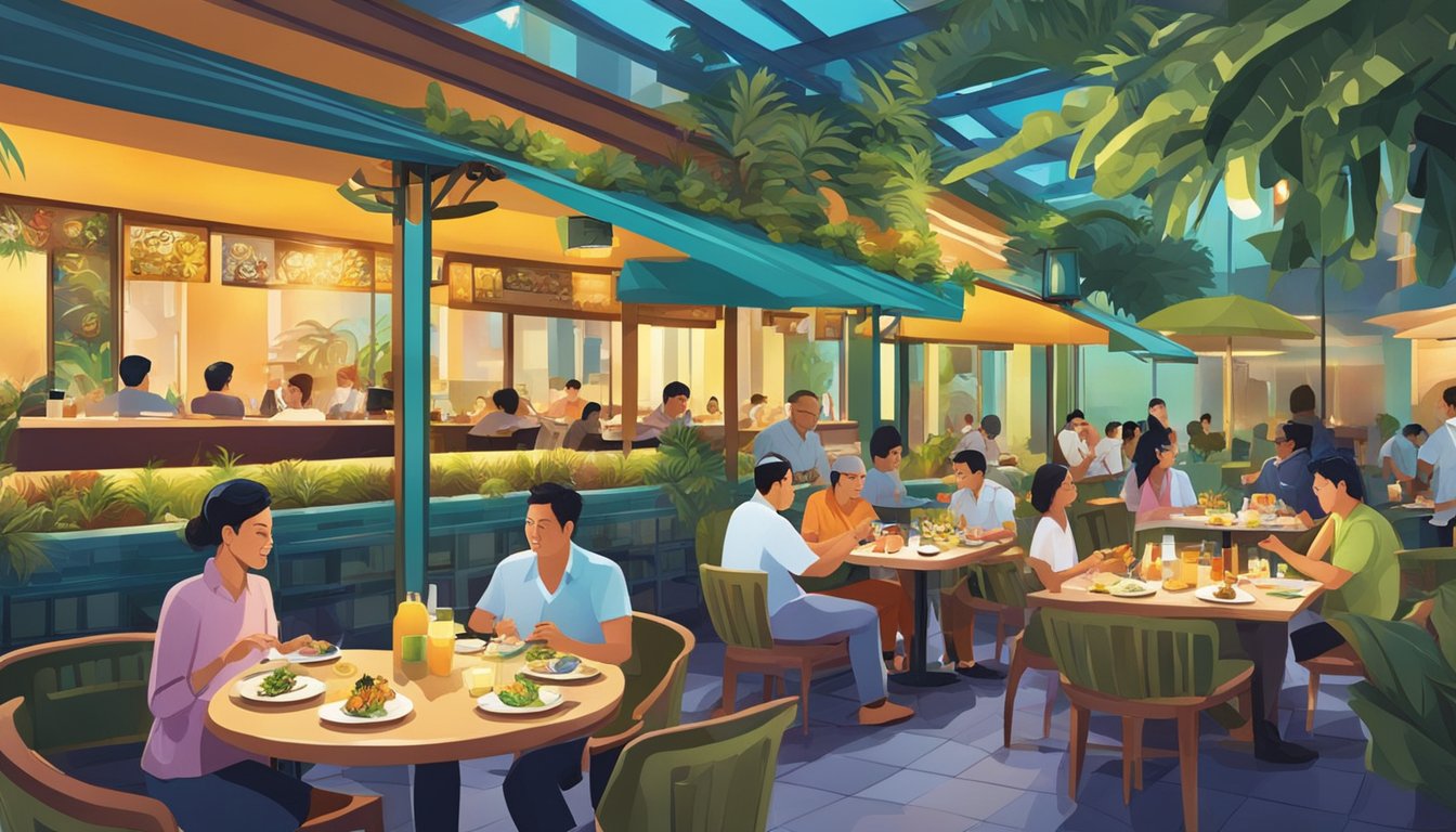 Diners enjoying exotic foods in a vibrant restaurant setting at Plaza Singapura