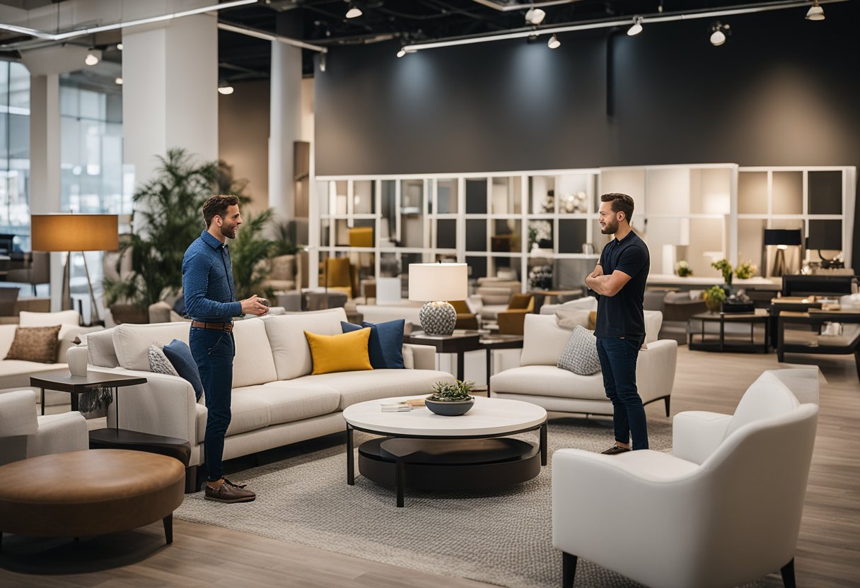 A customer browsing through a variety of furniture options in a modern and spacious showroom in St. Louis, with a helpful staff member nearby answering questions