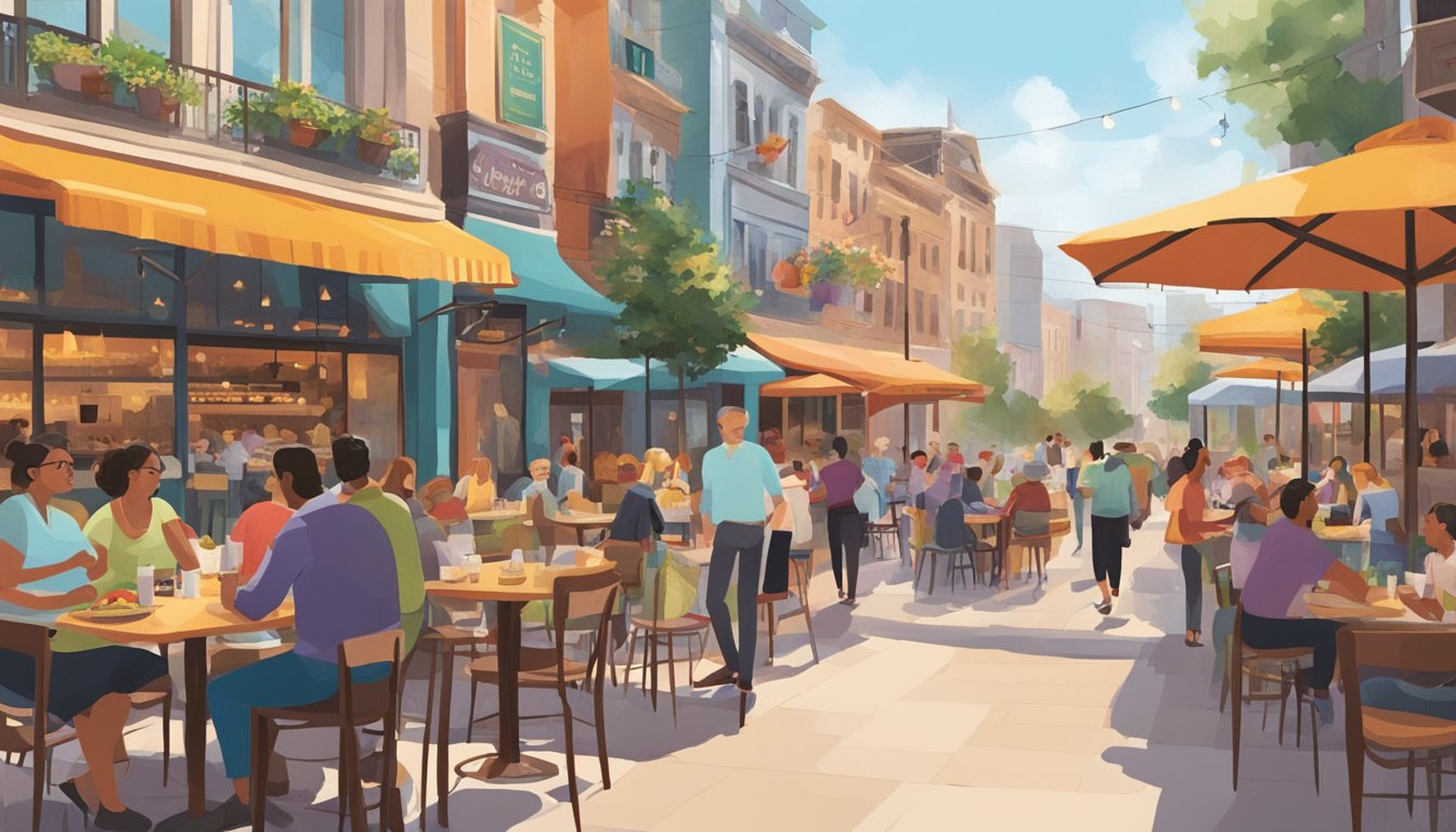 A bustling plaza with colorful signs, outdoor seating, and a variety of cuisines. People are seen walking in and out of different restaurants, while some are seated and enjoying their meals