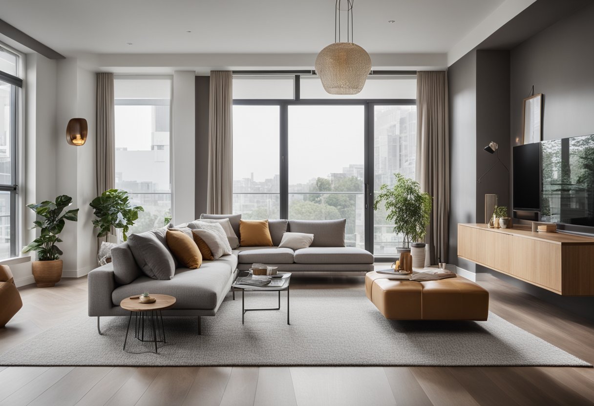 A cozy living room with modern furniture, large windows letting in natural light, and a sleek dining area. A stylish bedroom with a comfortable bed and chic decor