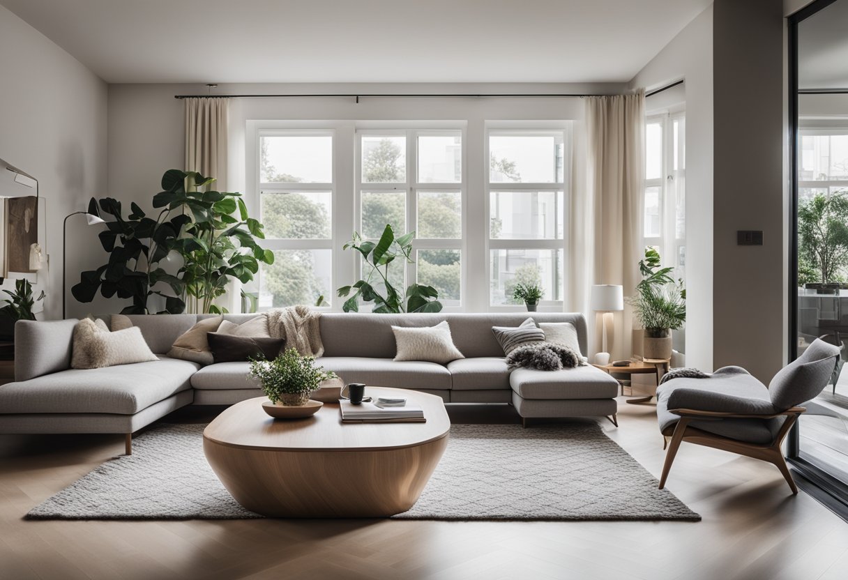 A cozy living room with modern furniture, a bright and airy space with large windows, a sleek sofa, and a stylish coffee table