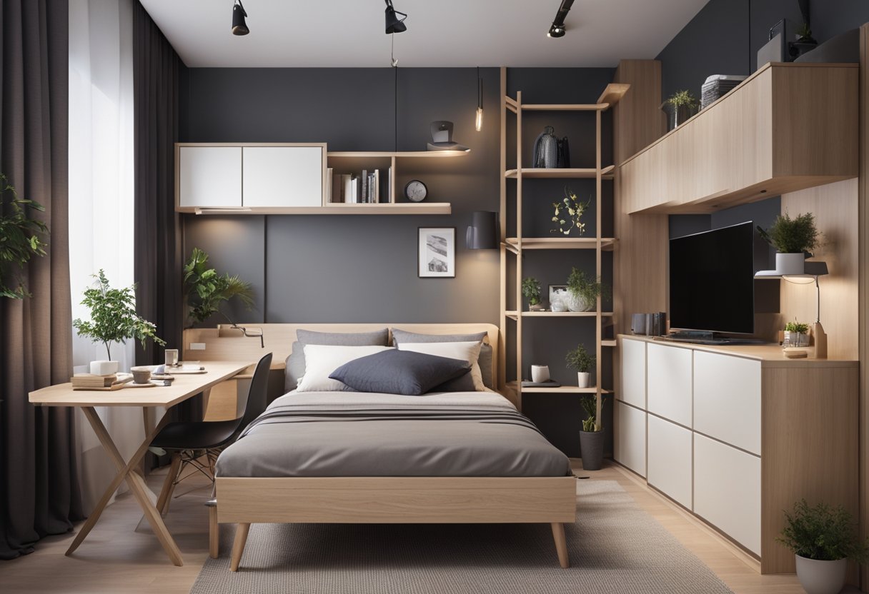 A small apartment with multifunctional furniture, like a wall bed and foldable tables, creating a spacious and organized living area
