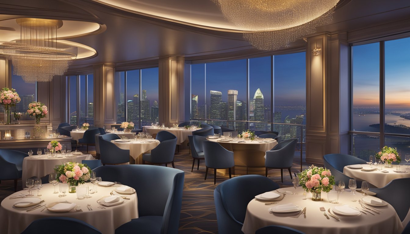 The elegant Ritz Carlton Singapore restaurant features luxurious decor, ambient lighting, and a stunning view of the city skyline
