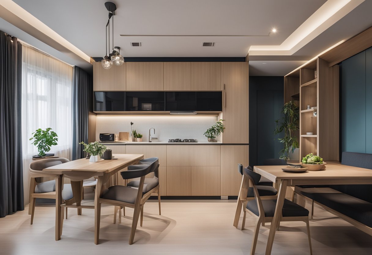 A small, cozy apartment in Singapore with cleverly designed furniture that transforms to maximize space. Foldable tables, hidden storage compartments, and multi-functional pieces create a practical and stylish living area