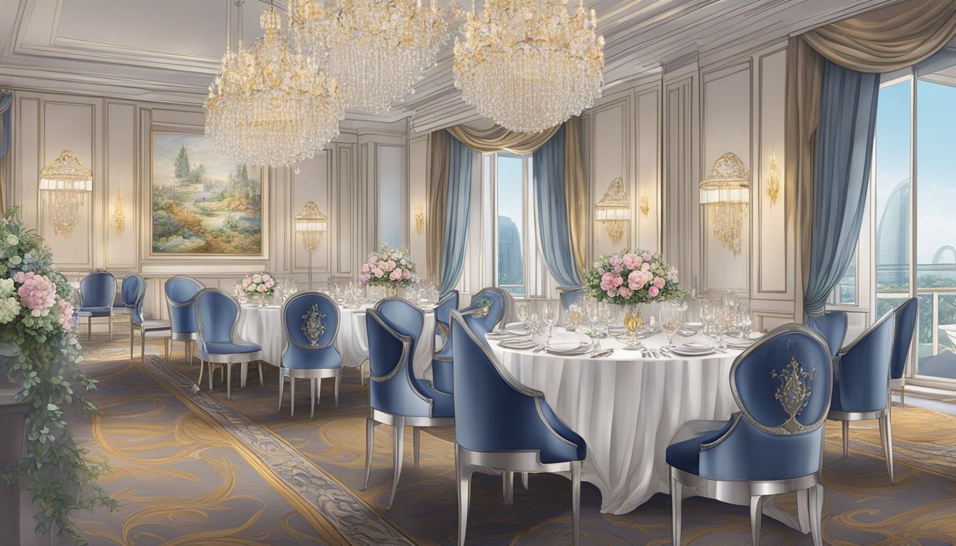 Opulent table setting with fine china, crystal glasses, and silver cutlery at The Ritz-Carlton Singapore restaurant. Elegant chandeliers and luxurious decor create a sophisticated and refined ambiance
