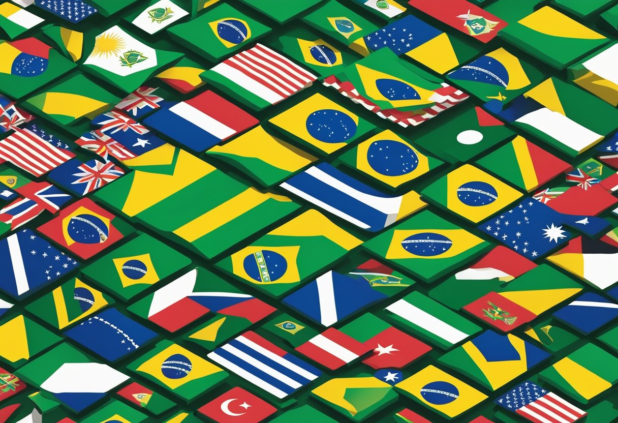 A colorful array of Brazilian flags and symbols, with vibrant patterns and typography, representing the rich culture and heritage of Brazil