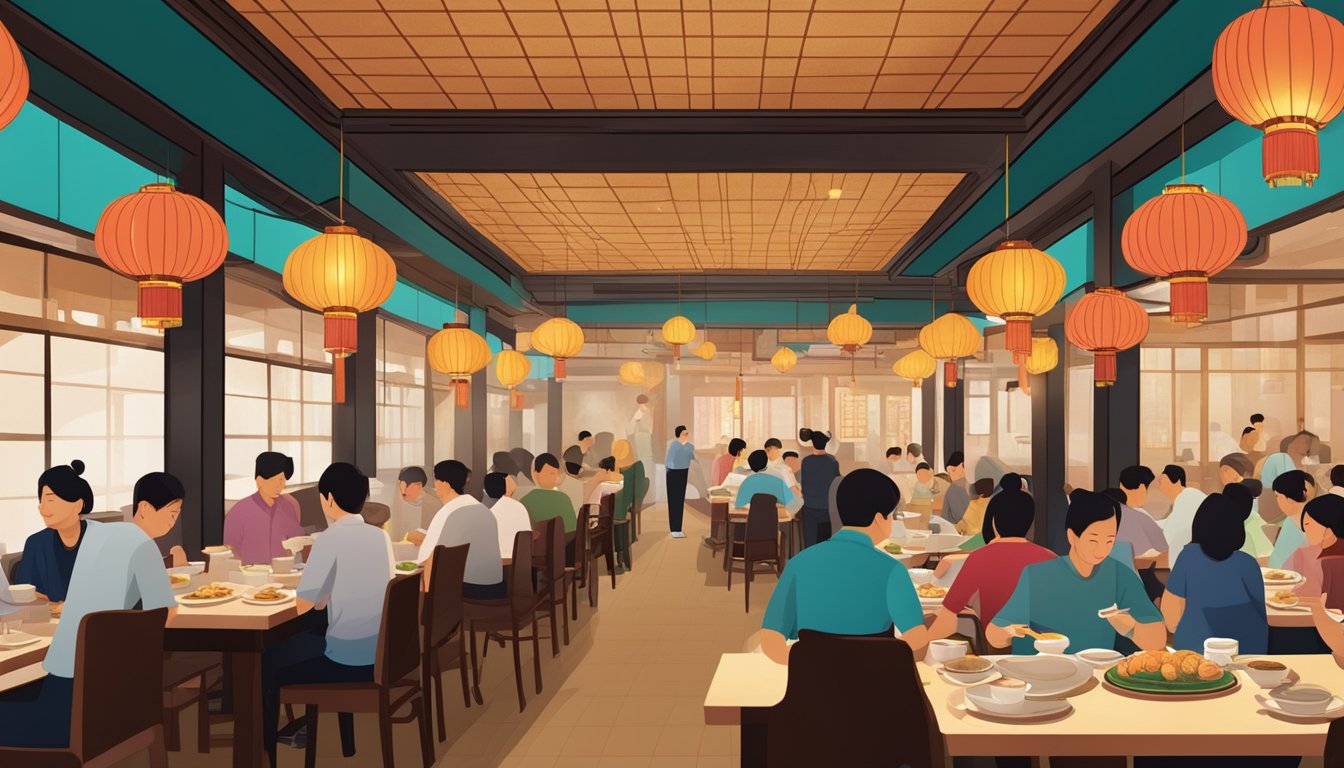 The bustling Ding Heng restaurant, with colorful lanterns hanging from the ceiling and steaming plates of dim sum being served to eager diners