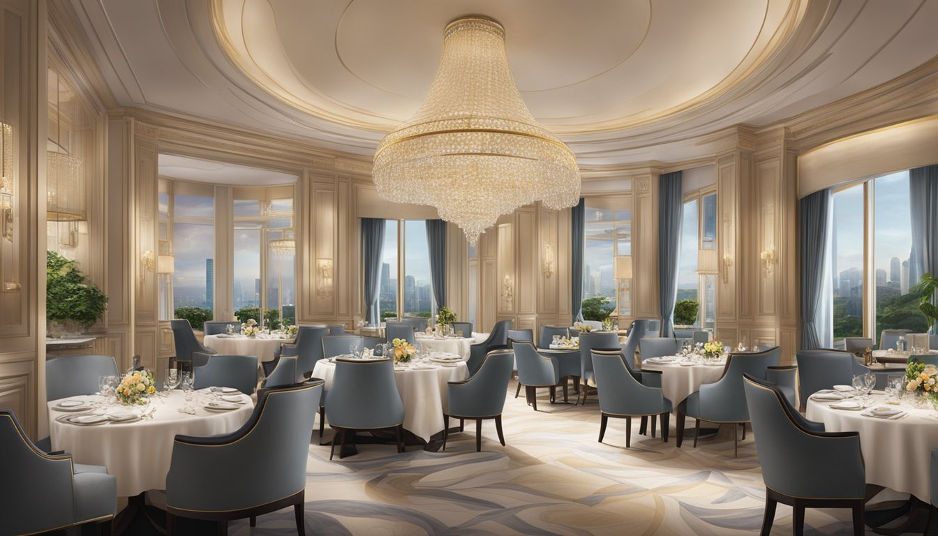 A luxurious dining area with elegant decor and a spread of gourmet dishes at the Ritz Carlton Singapore restaurant