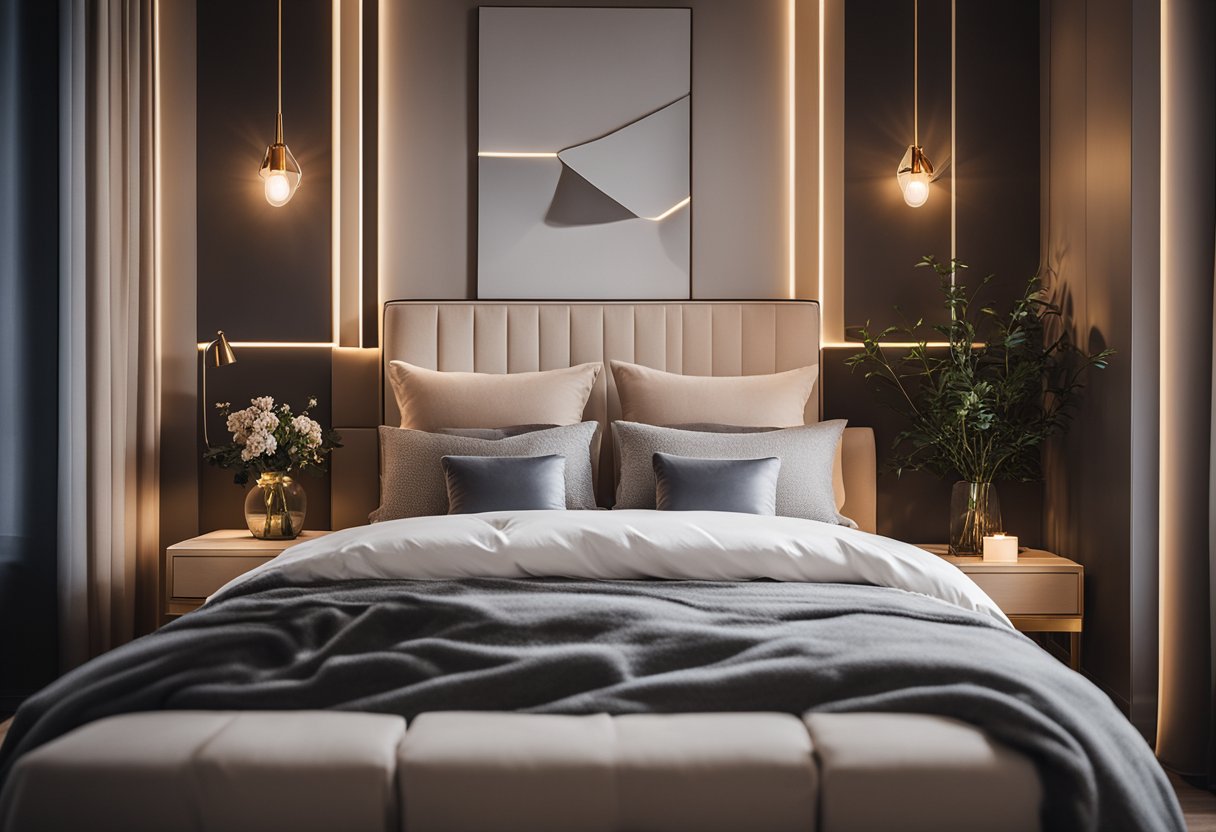 A cozy bedroom with a stylish bed, soft pillows, and elegant nightstands. The room is bathed in warm, soft lighting, creating a serene and inviting atmosphere