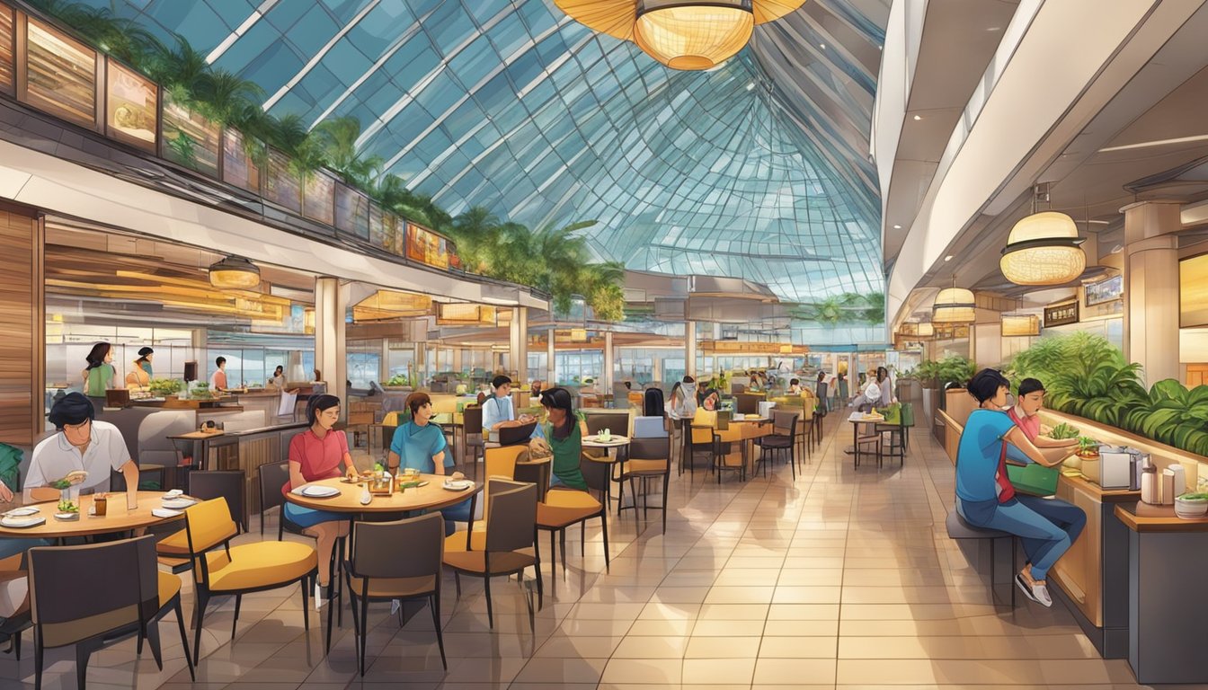 Vibrant restaurants line the concourse of Changi Terminal 1, offering a variety of cuisines and atmospheres for travelers to enjoy