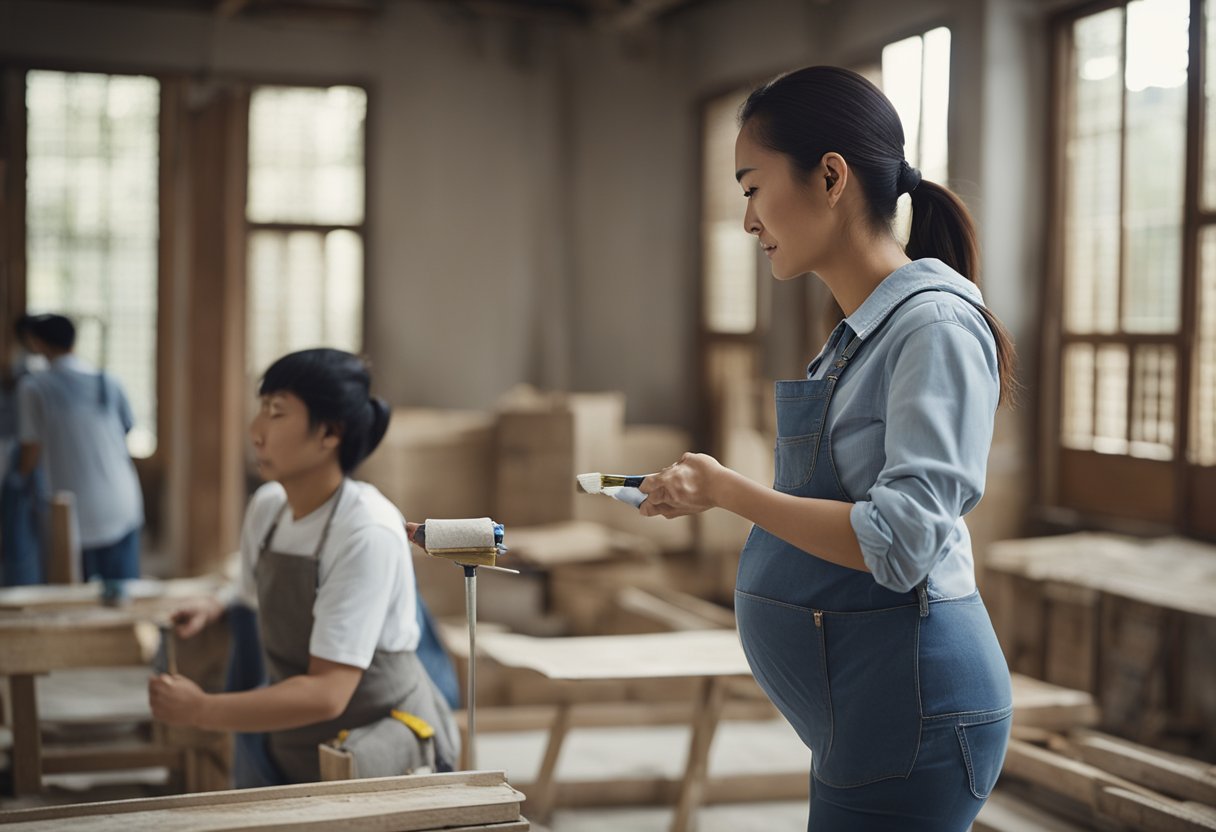 A pregnant woman oversees a Chinese renovation, gesturing to workers as they paint and install new fixtures