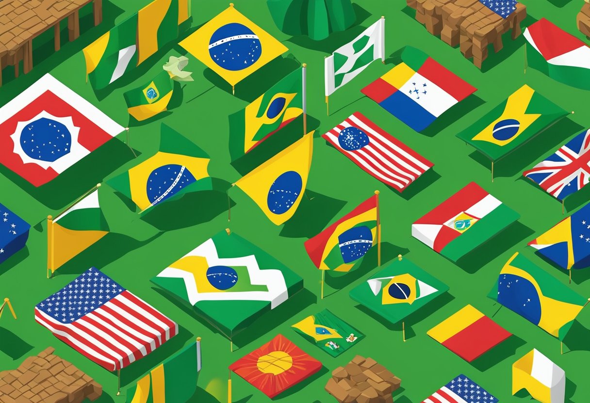 A colorful array of Brazilian symbols and flags, with vibrant imagery of nature and culture