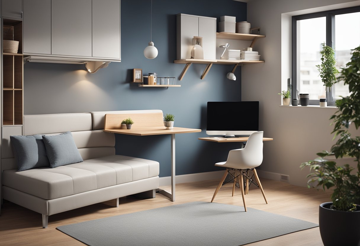 A small room with a convertible sofa bed, foldable dining table, and wall-mounted storage units. Compact, multi-functional furniture maximizes space