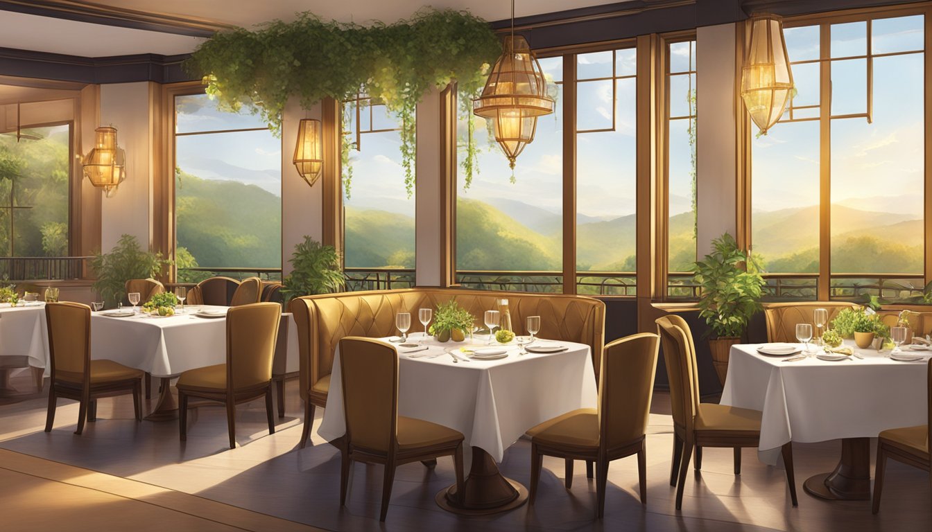 The Essence restaurant is filled with warm, golden light, casting a cozy glow over the elegant tables and chairs. The aroma of fresh herbs and spices fills the air, creating a sense of comfort and relaxation