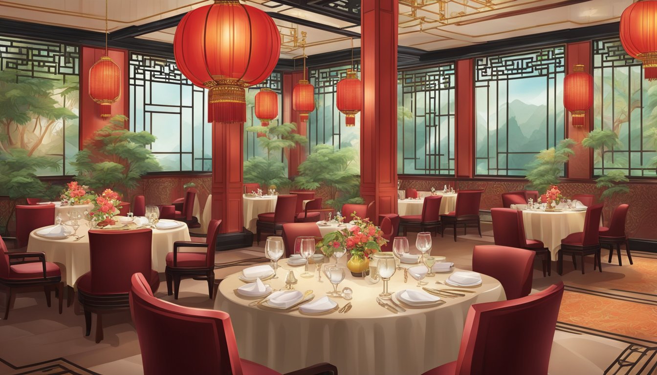 The Crystal Jade restaurant is filled with elegant Chinese decor, from ornate red lanterns to intricate jade sculptures, creating a luxurious and inviting atmosphere