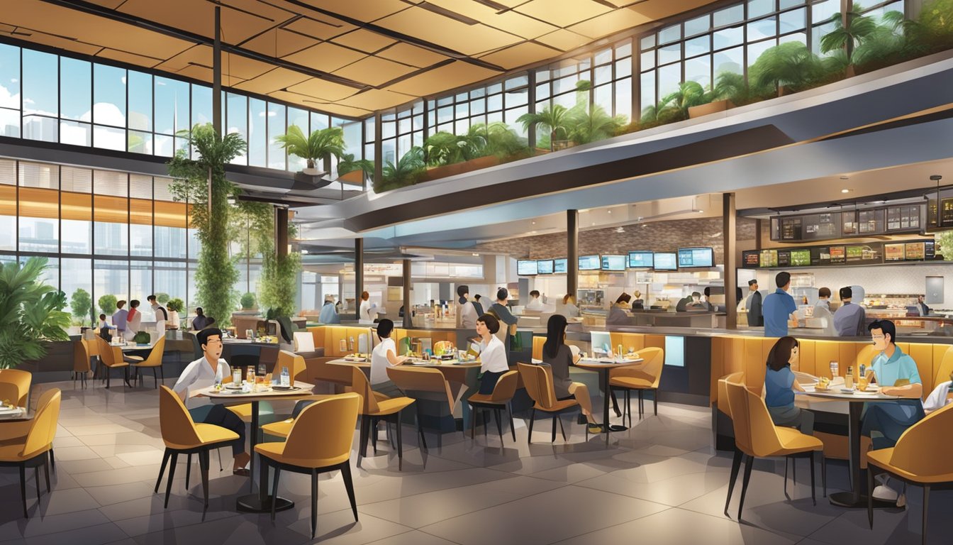 The bustling ambiance of Changi Terminal 1 restaurants, with modern decor and a wide array of amenities