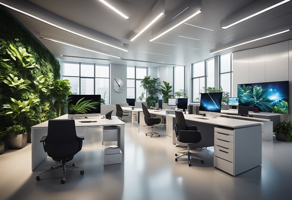 A modern office space with sleek furniture, large computer screens, and a central meeting area. The walls are adorned with digital art, and there are plants scattered throughout the space